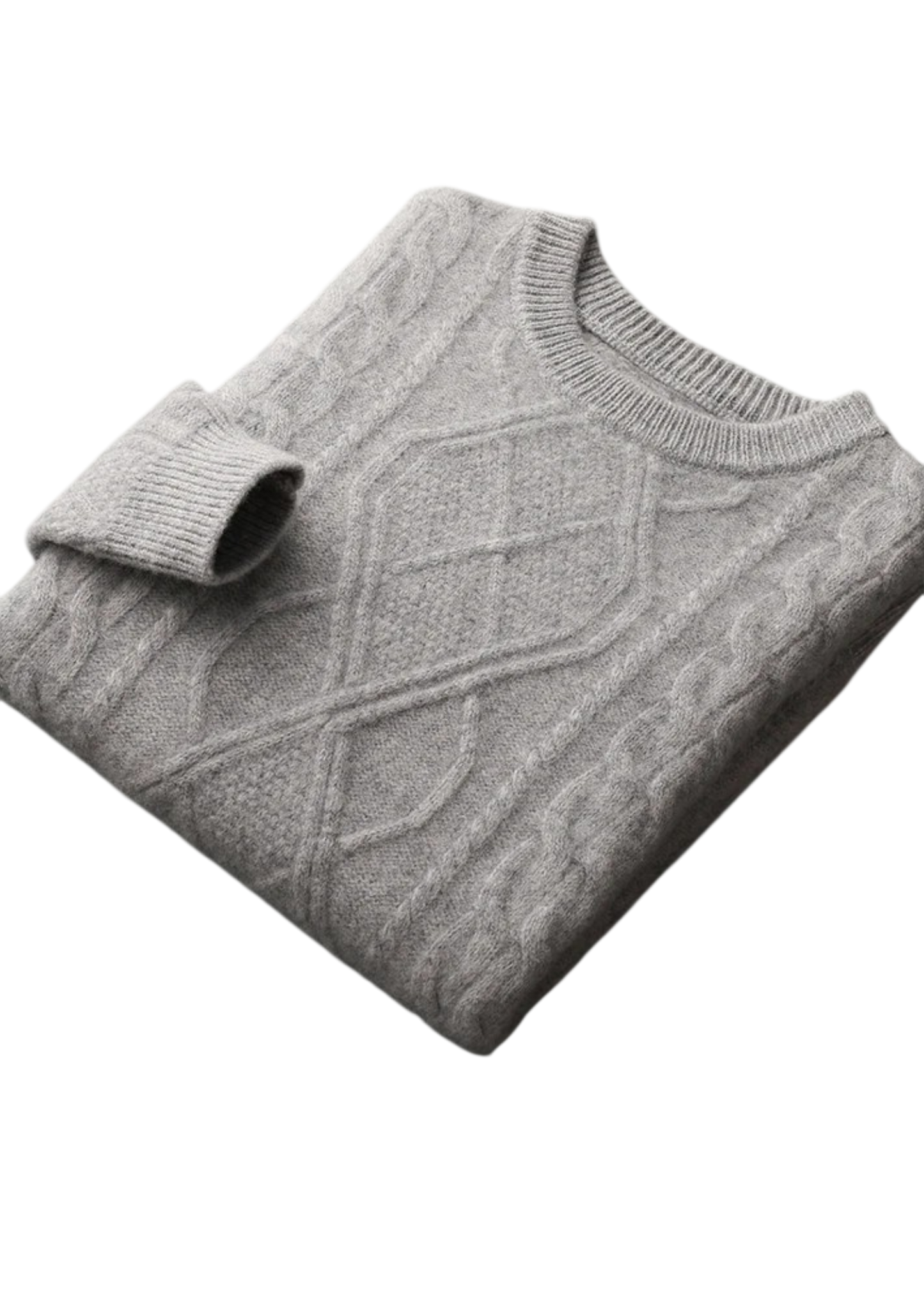 Jasnoszary Sweter męski dekolt okrągły warkoczowy marki Arkadya Outlet, składany z jednym rękawem z przodu, prezentuje misterne teksturowane wzory i standardowy krój, prezentowany na białym tle.