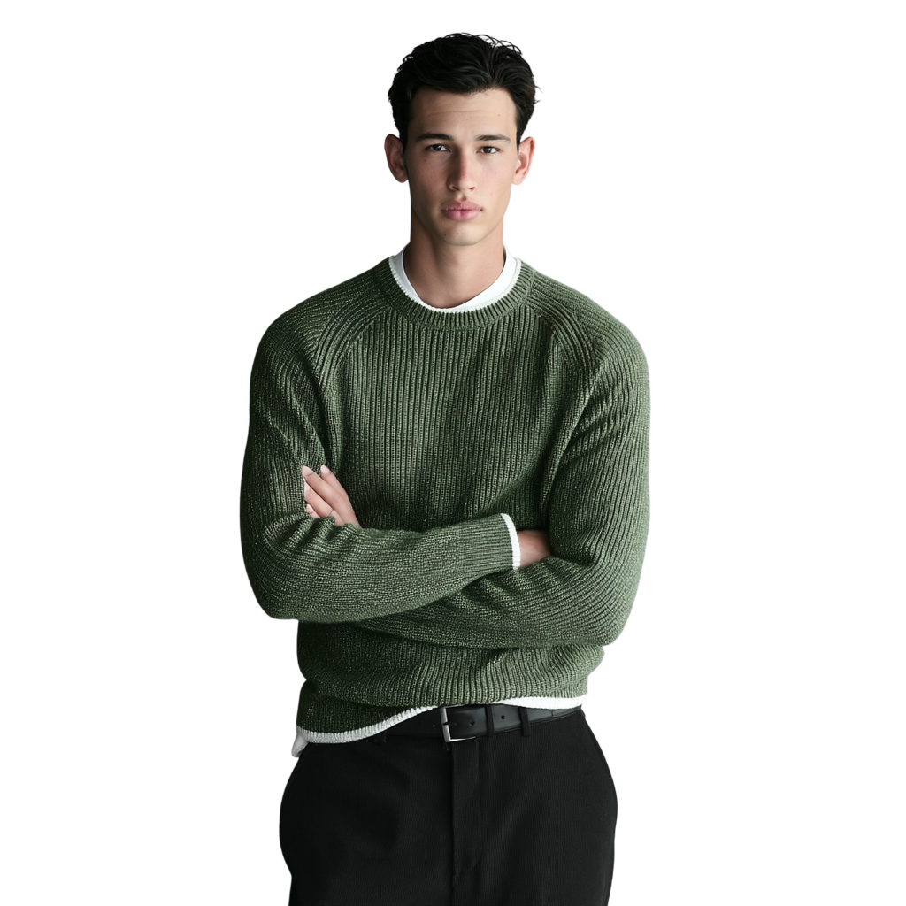 Młody mężczyzna o krótkich ciemnych włosach stoi ze skrzyżowanymi ramionami, ubrany w męski dekolt Arkadya Outlet okrągły prążkowana dzianina standardowy krój na białej koszuli i czarnych spodniach, na białym tle.