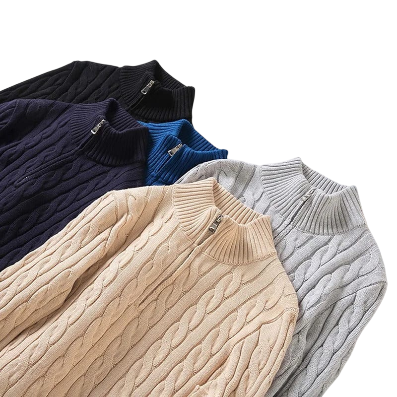 Pięć modeli Arkadya Outlet sweter męski dzianinowy z kołnierzem na zamek dopasowany krój w kolorach czarnym, granatowym, królewskim, beżowym i jasnoszarym zostało przedstawionych na białym tle.