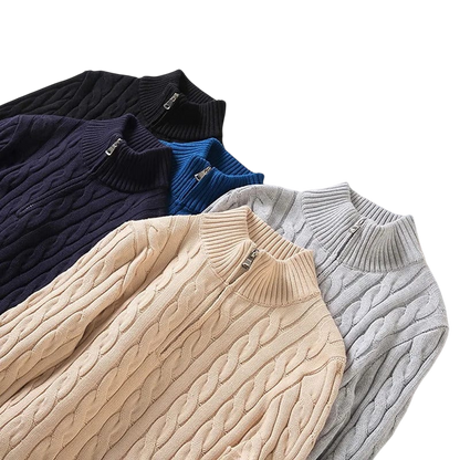 Pięć modeli Arkadya Outlet sweter męski dzianinowy z kołnierzem na zamek dopasowany krój w kolorach czarnym, granatowym, królewskim, beżowym i jasnoszarym zostało przedstawionych na białym tle.