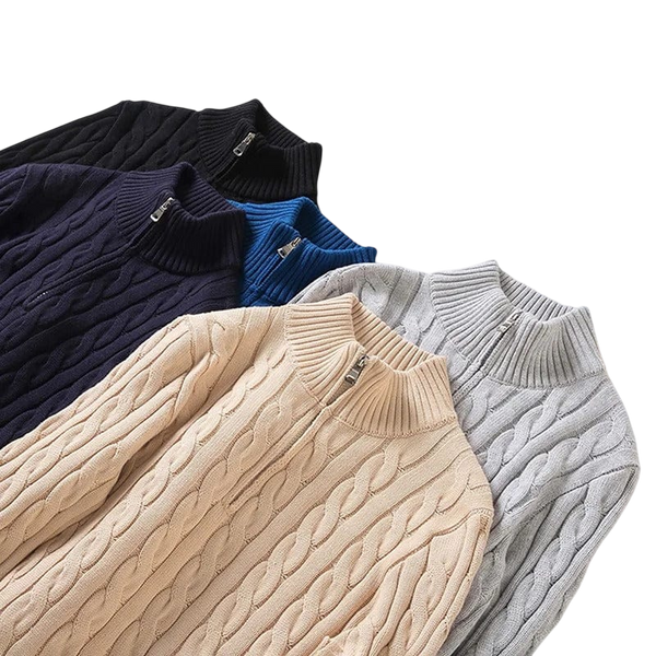 Pięć modeli Arkadya Outlet sweter męski dzianinowy z kołnierzem na zamek dopasowany krój w kolorach czarnym, granatowym, królewskim, beżowym i jasnoszarym zostało przedstawionych na białym tle.