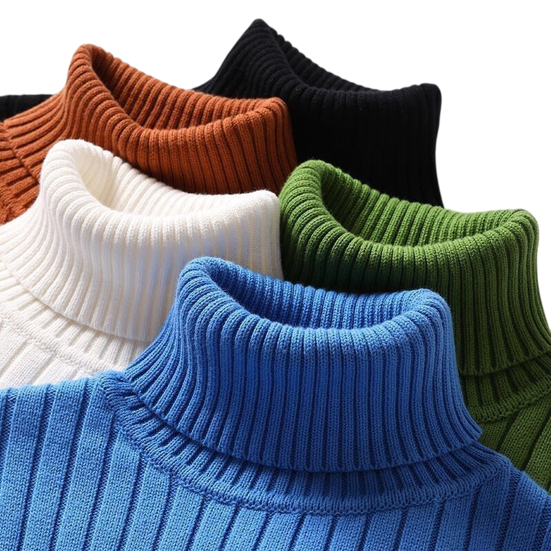 Pięć rękawów Arkadya Outlet Golf męski długi sweter dzianinowy w kolorach brązowym, czarnym, białym, zielonym i niebieskim jest starannie nałożonych na gładkie tło.