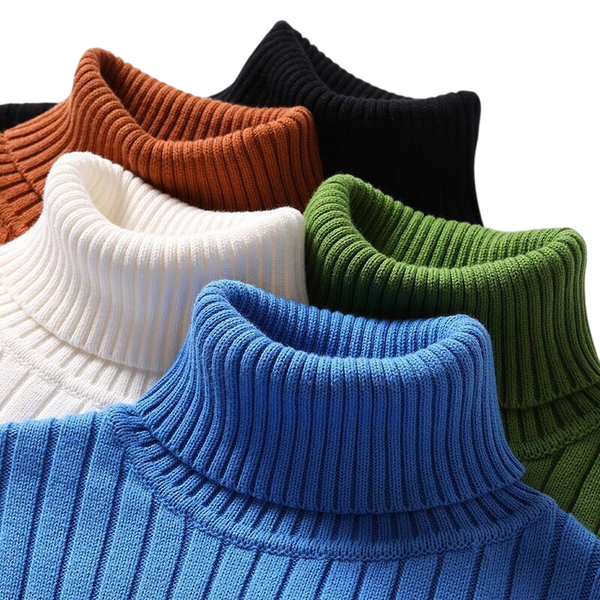 Pięć rękawów Arkadya Outlet Golf męski długi sweter dzianinowy w kolorach brązowym, czarnym, białym, zielonym i niebieskim jest starannie nałożonych na gładkie tło.