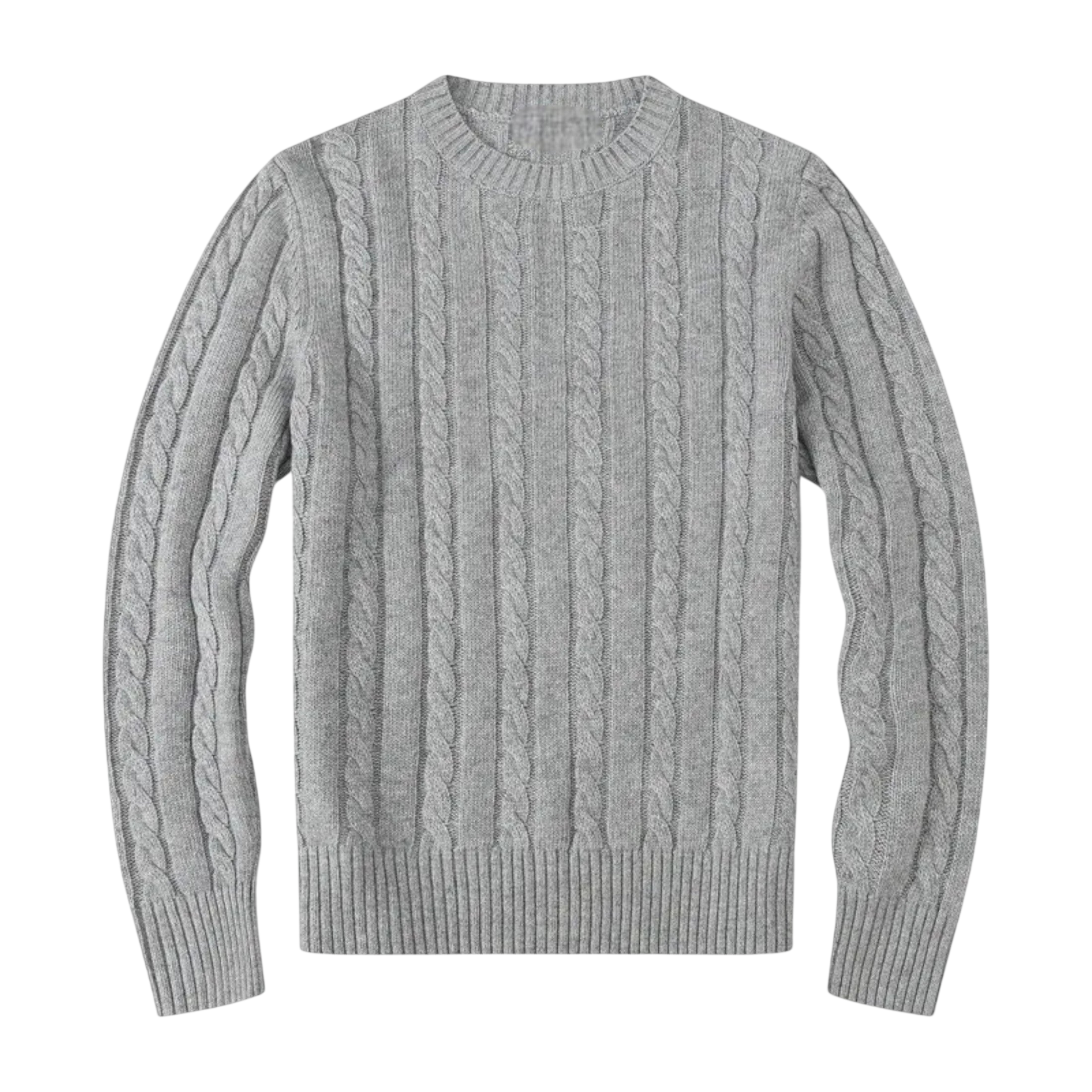 Sweter męski dzianinowy dekolt okrągły długi rękaw regularny krój marki Arkadya Outlet to jasnoszary męski sweter z dzianiny z długimi rękawami, okrągłym dekoltem oraz prążkowanymi mankietami i dołem, przedstawiony na płasko na białym tle.