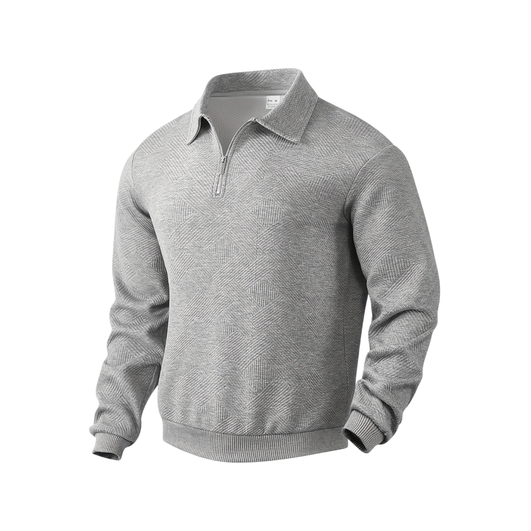 Szary męski sweter z dzianiny z zamkiem 1/4 i kołnierzem, długi rękaw, subtelna faktura materiału