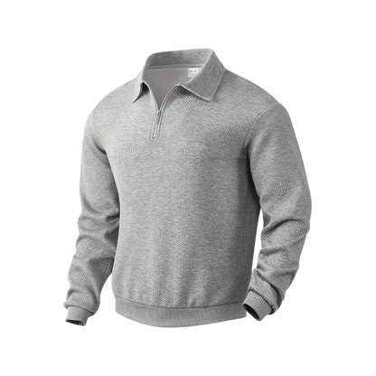Szary męski sweter z dzianiny z zamkiem 1/4 i kołnierzem, długi rękaw, subtelna faktura materiału
