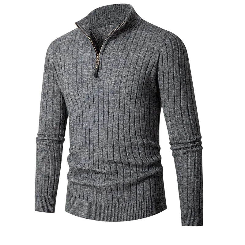 Szary męski sweter z prążkowanej dzianiny, zamek 1/4 przy kołnierzu, wygodny krój na co dzień