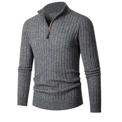 Szary męski sweter z prążkowanej dzianiny, zamek 1/4 przy kołnierzu, wygodny krój na co dzień