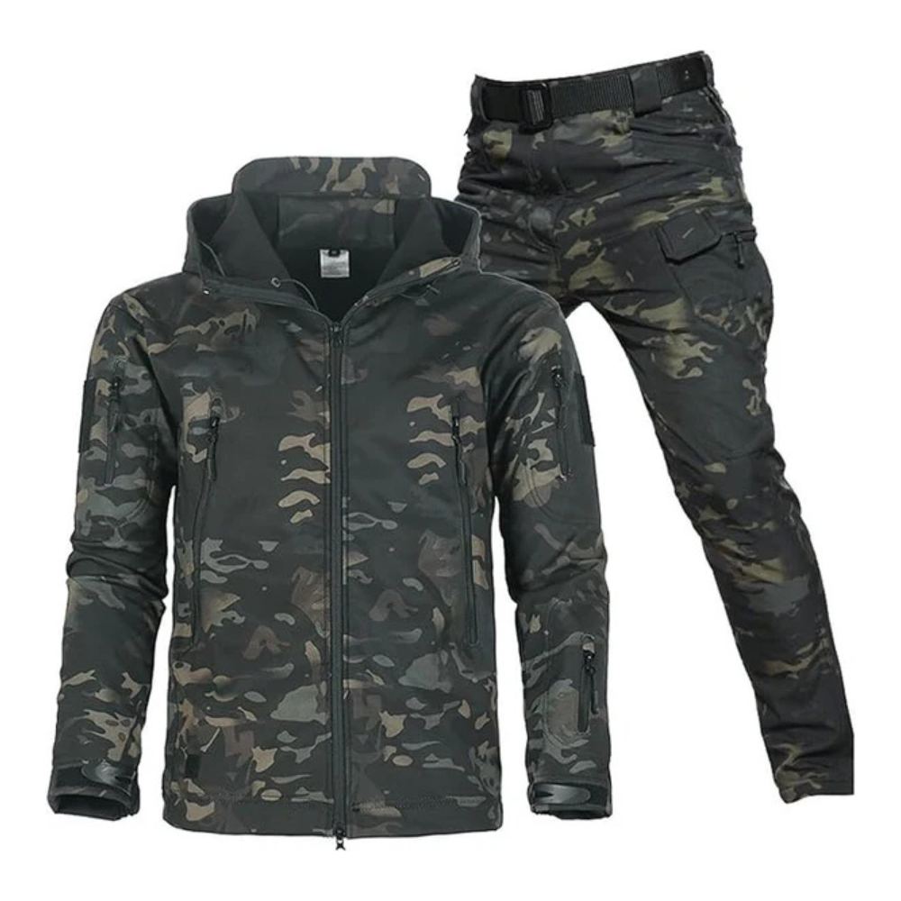 Męski zestaw outdoorowy Arkadya Outlet: wodoodporna, wiatroszczelna kurtka z kapturem i wieloma kieszeniami oraz spodnie cargo z paskiem, oba z podszewką. Idealna na wyprawy w teren.