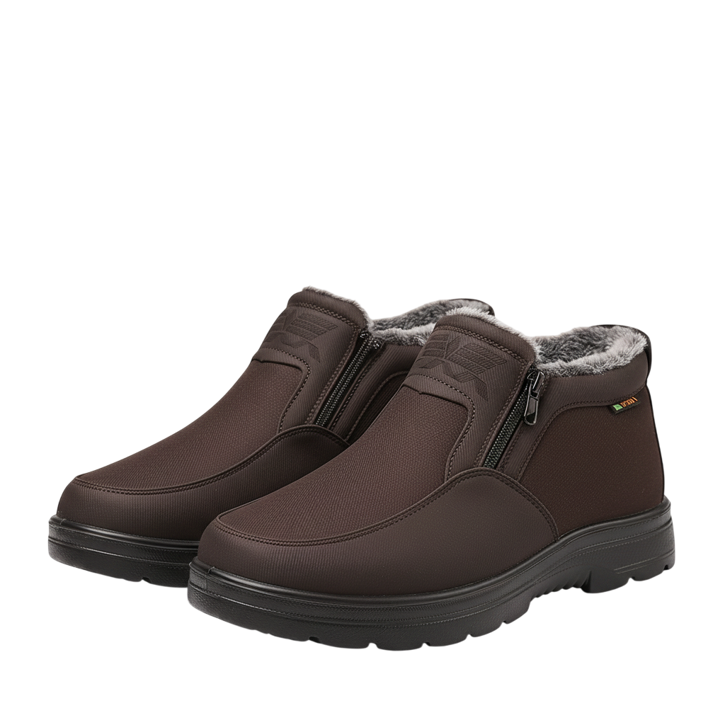 Arkadya Outlet Męskie buty wodoodporne antypoślizgowe zimowe obuwie-brązowe, ocieplane, z bocznymi zamkami i szarą podszewką z futra, czarna podeszwa; idealne na chłodne warunki, prezentowane na białym tle.