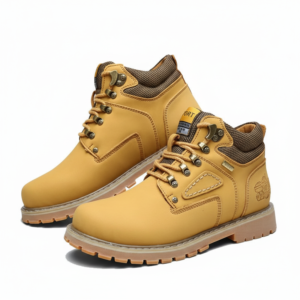 Para tan Męskie buty zimowe wodoodporne ocieplane obuwie na chłodne dni marki Arkadya Outlet, z brązowymi sznurowadłami, metalowymi oczkami, wytrzymałymi podeszwami i wyściełanymi kołnierzami, jest wyświetlana na białym tle.