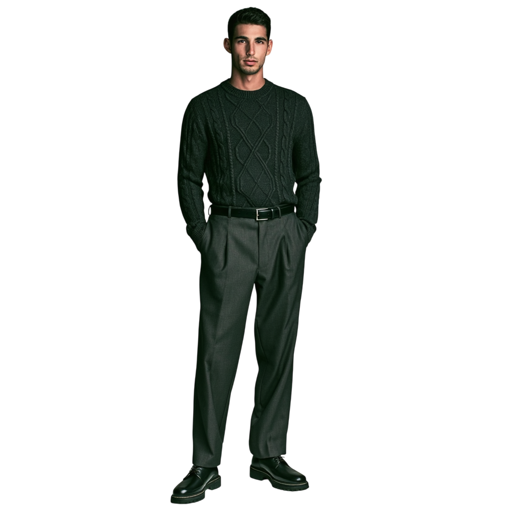 Mężczyzna stoi na prostym tle w męskim dekolcie Arkadya Outlet Sweter okrągły warkoczowy, szarych spodniach i czarnych butach wizytowych, z rękami w kieszeniach.