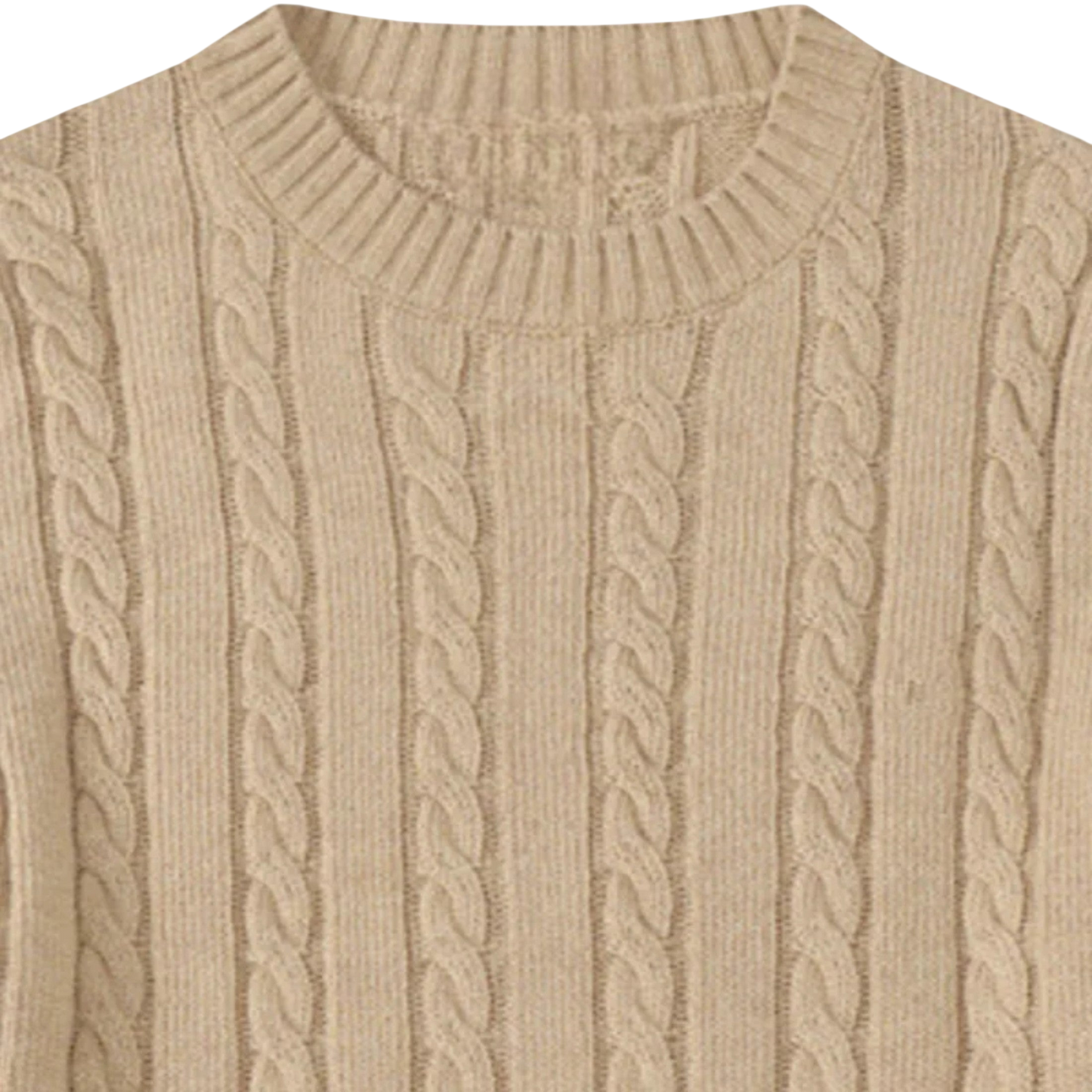 Zbliżenie na Arkadya Outlet Sweter męski dzianinowy dekolt okrągły długi rękaw regularny krój z beżową dzianiną kablową z prążkowanym okrągłym dekoltem i pionowymi plecionymi wzorami.