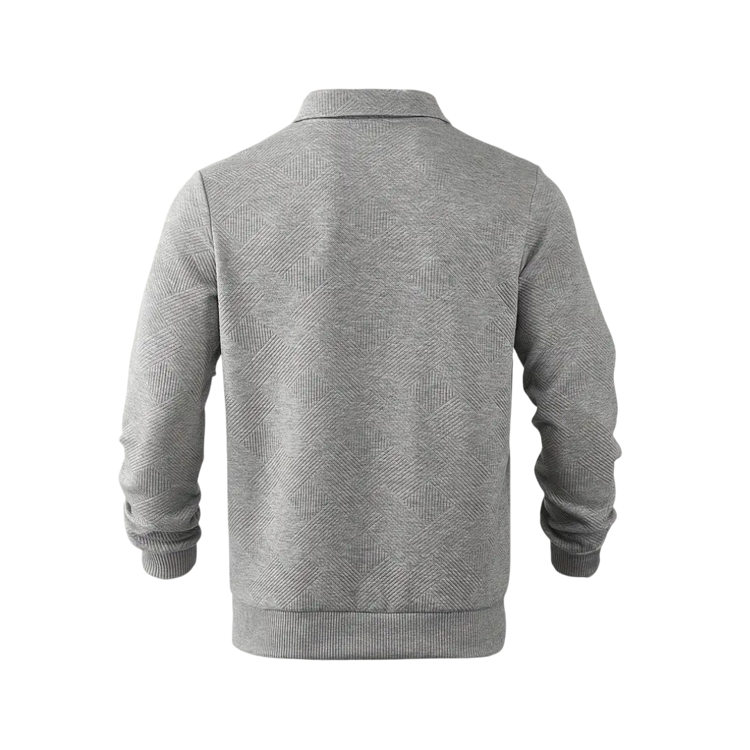 Szary męski sweter z dzianiny z zamkiem 1/4 i kołnierzem, długi rękaw, subtelna faktura materiału