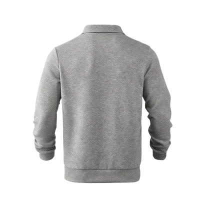 Szary męski sweter z dzianiny z zamkiem 1/4 i kołnierzem, długi rękaw, subtelna faktura materiału