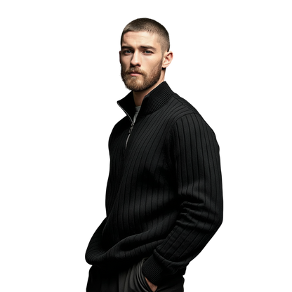 Mężczyzna z krótkimi włosami i brodą, noszący męski półzamek dopasowany krój, kołnierz stojący, długi rękaw, stojący na prostym białym tle i patrzący pewnie w kamerę.
