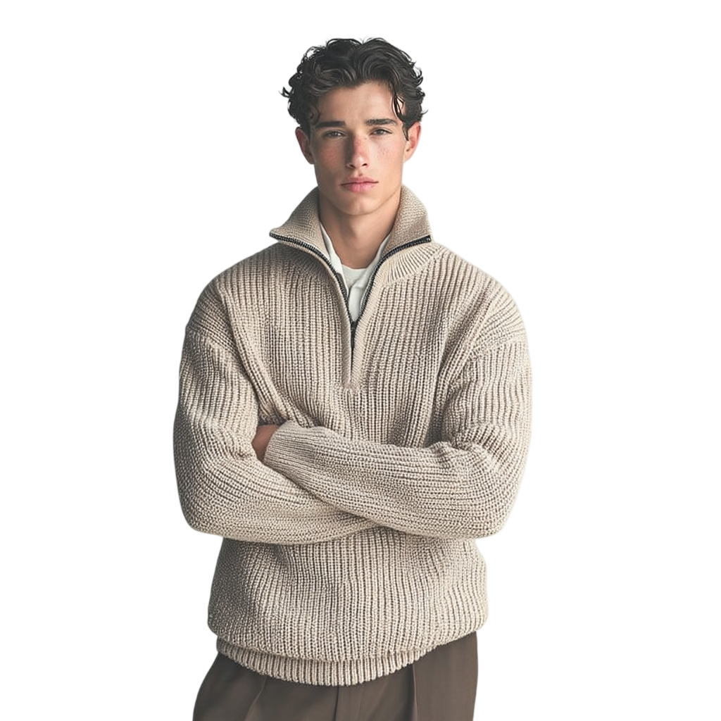 Beżowy męski sweter z grubej dzianiny, kołnierz zapinany na zamek, luźny krój, długi rękaw