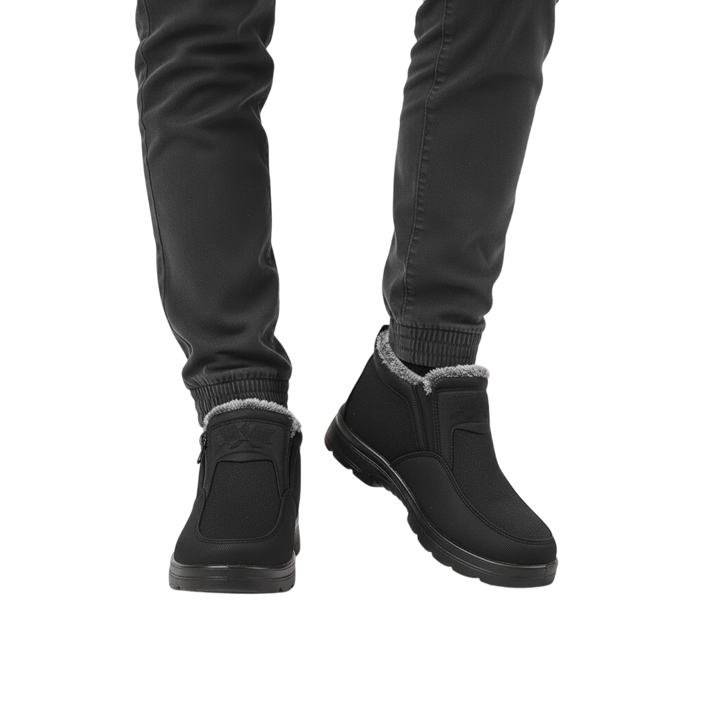 Osoba ubrana w Arkadya Outlet Męskie buty wodoodporne antypoślizgowe zimowe obuwie, z podszewką ze sztucznego futra i zamkiem błyskawicznym, w połączeniu z czarnymi spodniami, stoi na białym tle.