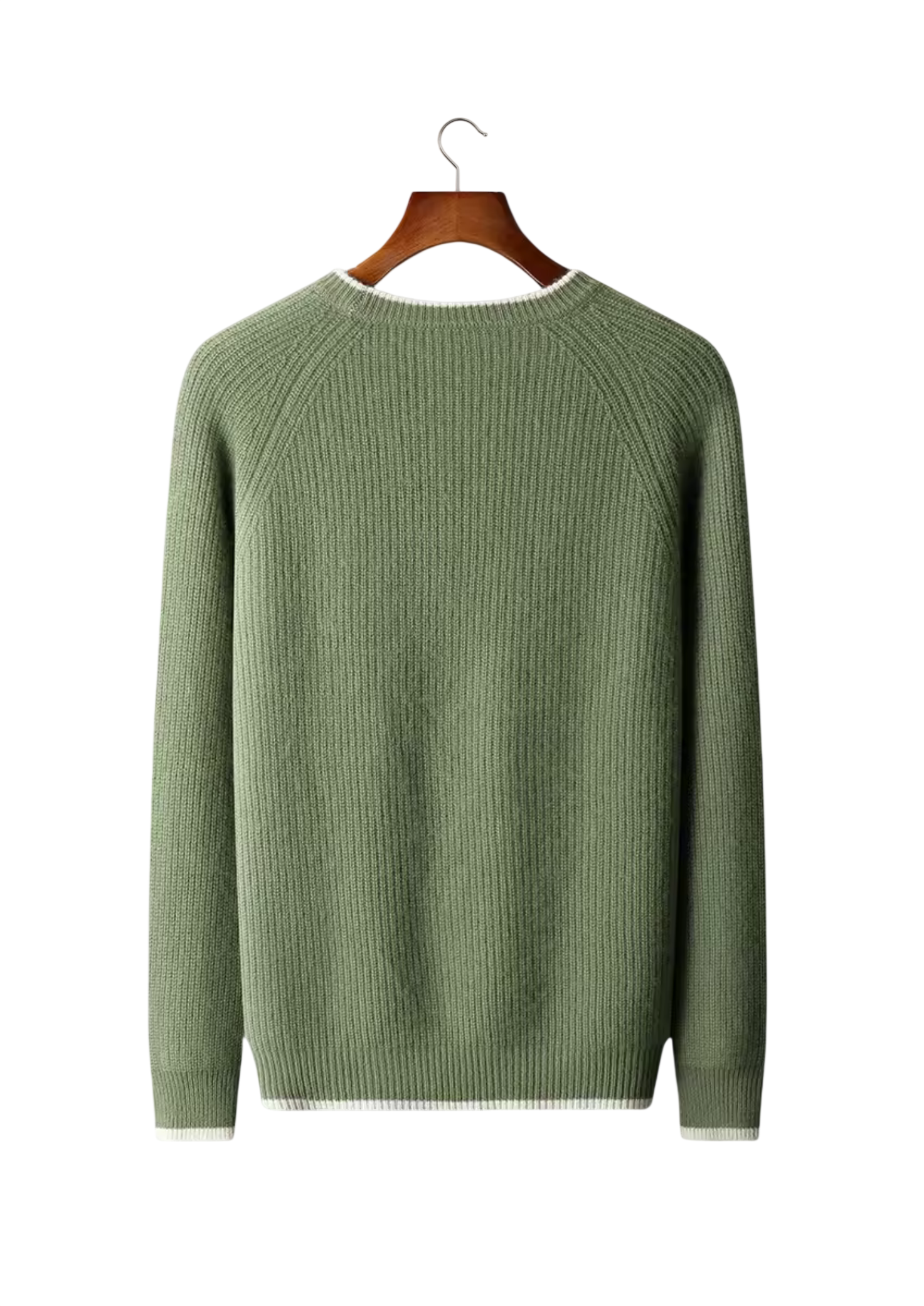 Arkadya Outlet Sweter męski dekolt okrągły prążkowana dzianina standardowy krój w kolorze szałwiowej zieleni ma długie rękawy i białe wykończenia przy dekolcie, mankietach i rąbku, prezentowane na drewnianym wieszaku na gładkim białym tle.