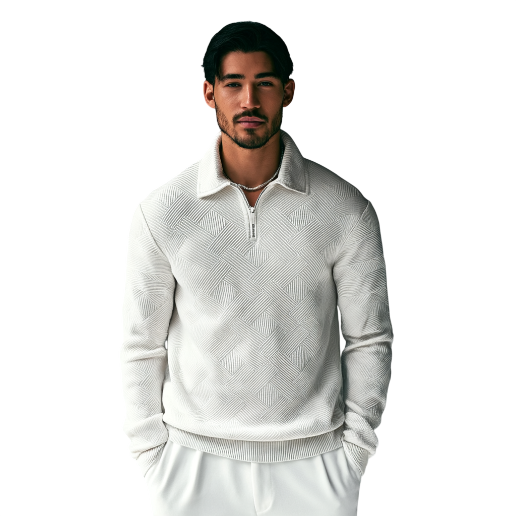 Biały męski sweter dzianinowy z kołnierzem i zamkiem 1/4, długi rękaw, nowoczesny geometryczny wzór