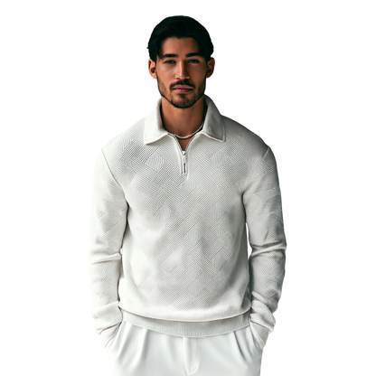 Biały męski sweter dzianinowy z kołnierzem i zamkiem 1/4, długi rękaw, nowoczesny geometryczny wzór