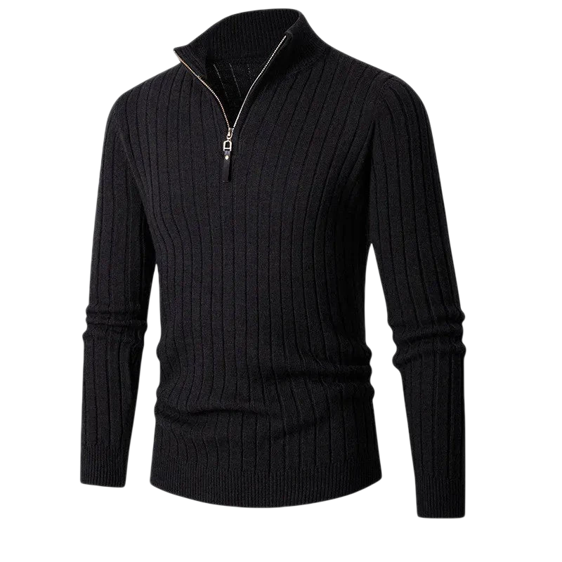 Czarny męski sweter dzianinowy o prążkowanej strukturze, kołnierz ze stójką i zamkiem 1/4, długi rękaw