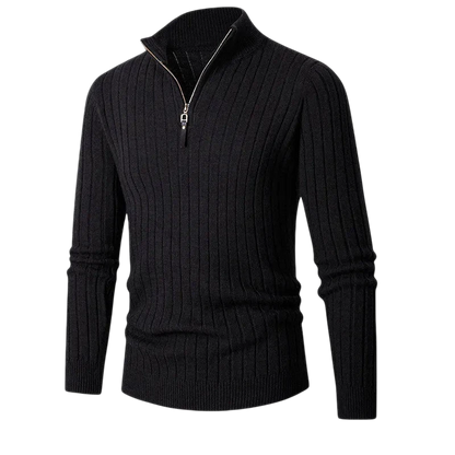 Czarny męski sweter dzianinowy o prążkowanej strukturze, kołnierz ze stójką i zamkiem 1/4, długi rękaw