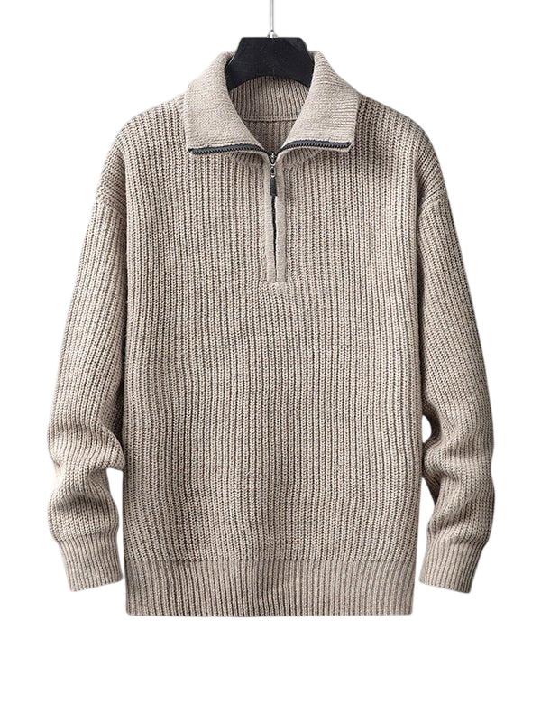 Beżowy męski sweter z grubej dzianiny, kołnierz zapinany na zamek, luźny krój, długi rękaw