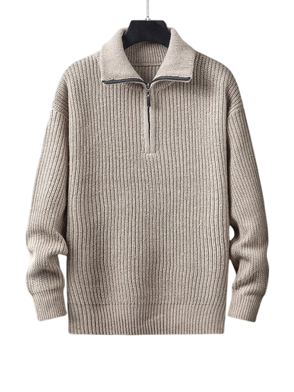 Beżowy męski sweter z grubej dzianiny, kołnierz zapinany na zamek, luźny krój, długi rękaw