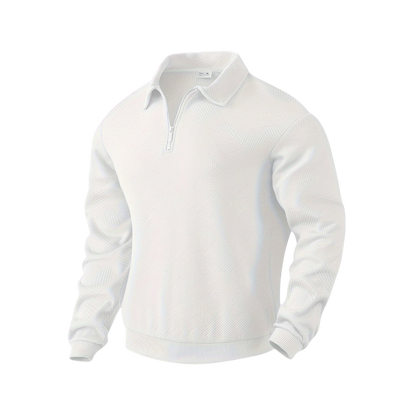 Biały męski sweter dzianinowy z kołnierzem i zamkiem 1/4, długi rękaw, nowoczesny geometryczny wzór