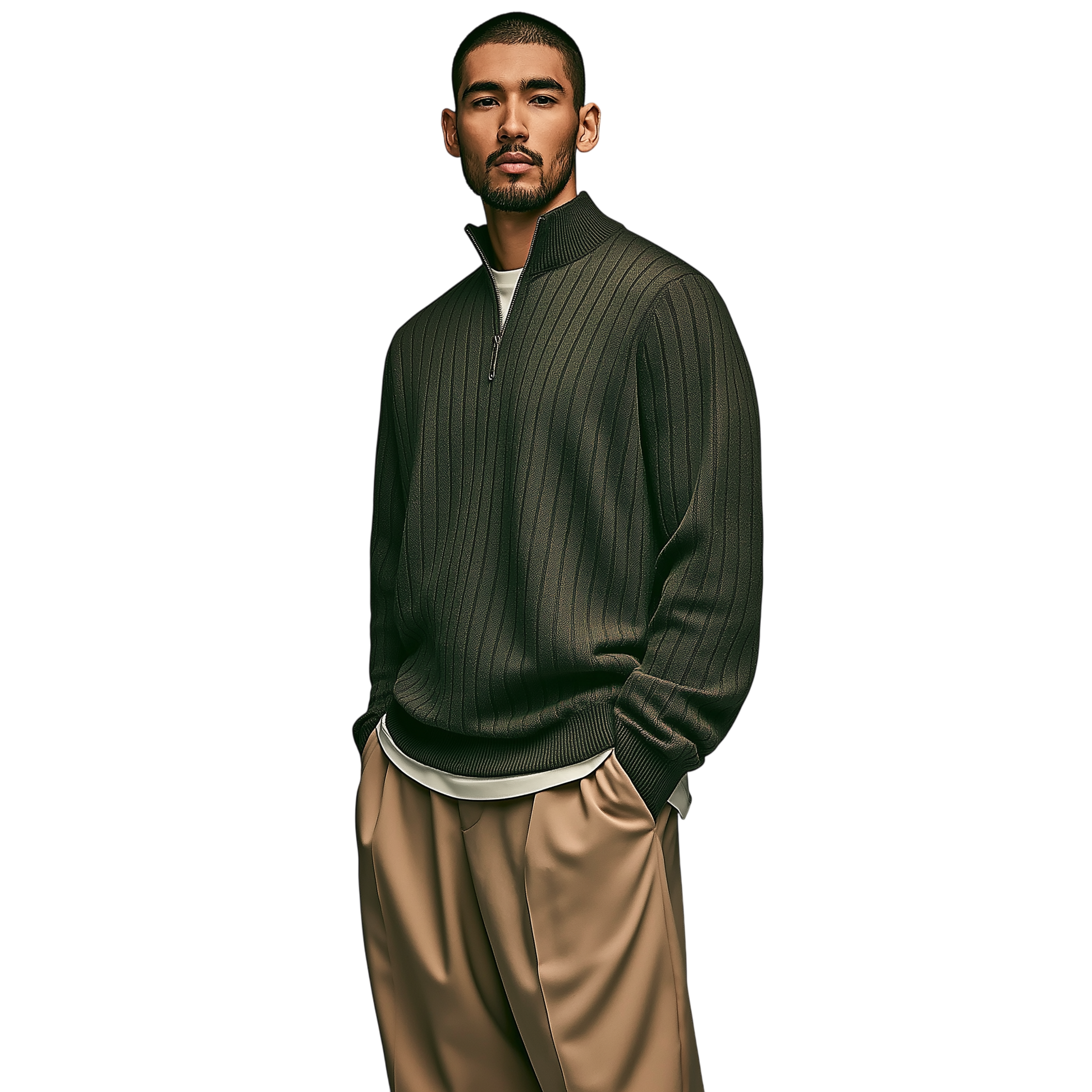 Mężczyzna stoi z rękami w kieszeniach, ubrany w męski półzamek dopasowany krój Arkadya Outlet z kołnierzem stojącym i długim rękawem na jasnej koszuli i luźnych beżowych spodniach, na białym tle.