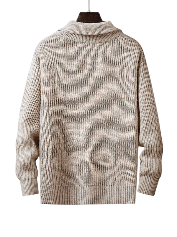 Beżowy męski sweter z grubej dzianiny, kołnierz zapinany na zamek, luźny krój, długi rękaw