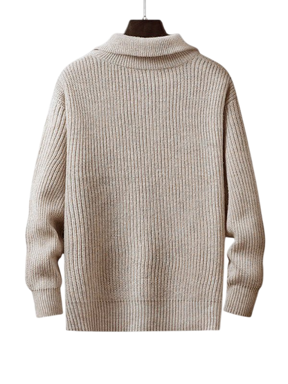 Beżowy męski sweter z grubej dzianiny, kołnierz zapinany na zamek, luźny krój, długi rękaw