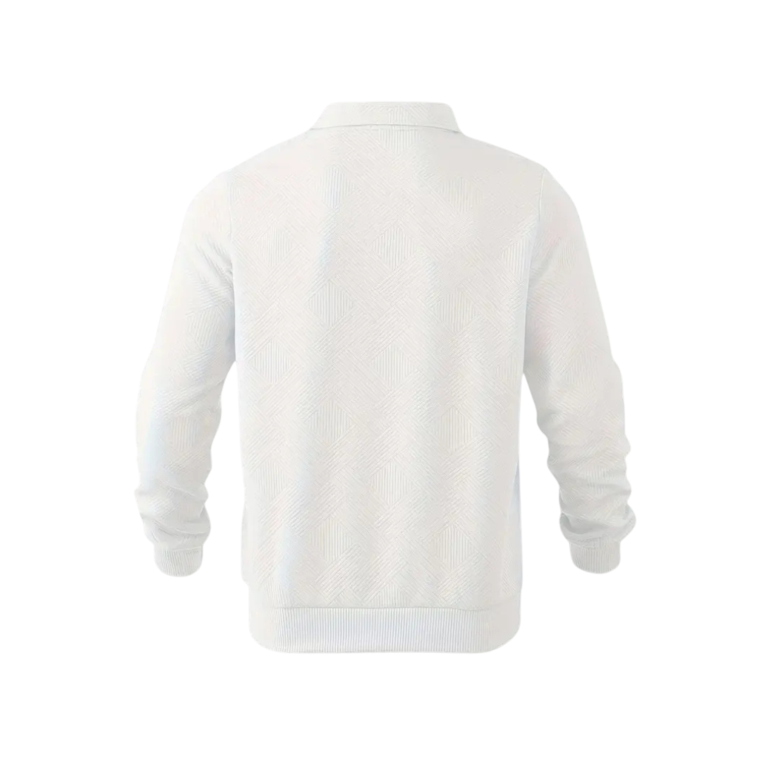 Biały męski sweter dzianinowy z kołnierzem i zamkiem 1/4, długi rękaw, nowoczesny geometryczny wzór