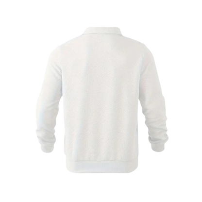 Biały męski sweter dzianinowy z kołnierzem i zamkiem 1/4, długi rękaw, nowoczesny geometryczny wzór