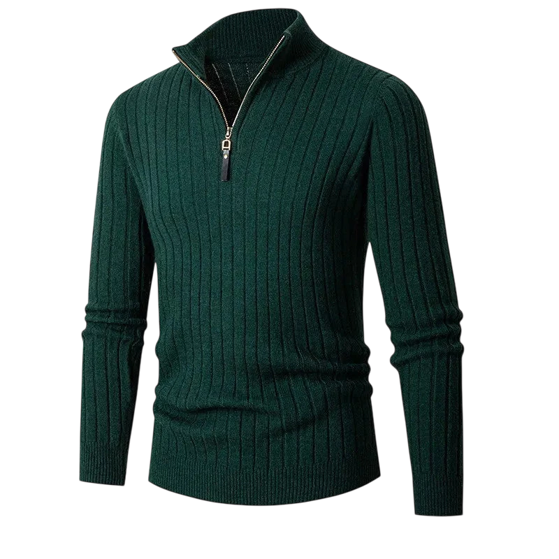 Ciemnozielony męski sweter z prążkowanej dzianiny, kołnierz typu stójka zapinany na zamek 1/4, długi rękaw