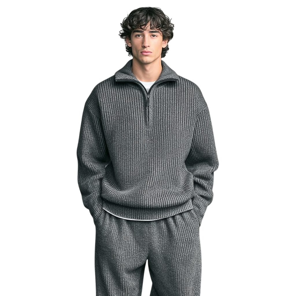 Szary męski sweter dzianinowy o prążkowanej strukturze, luźny fason, kołnierz z zamkiem, długi rękaw