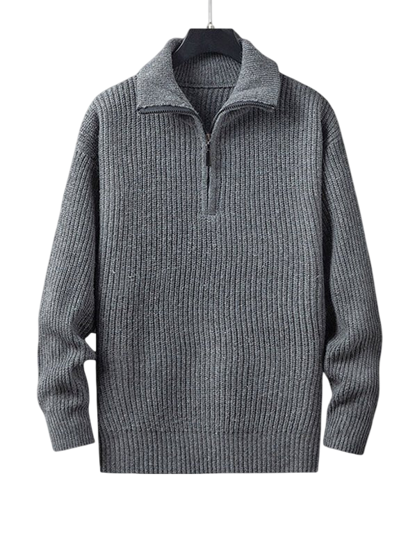 Szary męski sweter dzianinowy o prążkowanej strukturze, luźny fason, kołnierz z zamkiem, długi rękaw