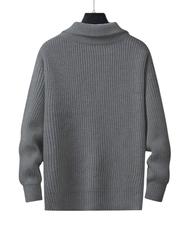Szary męski sweter dzianinowy o prążkowanej strukturze, luźny fason, kołnierz z zamkiem, długi rękaw