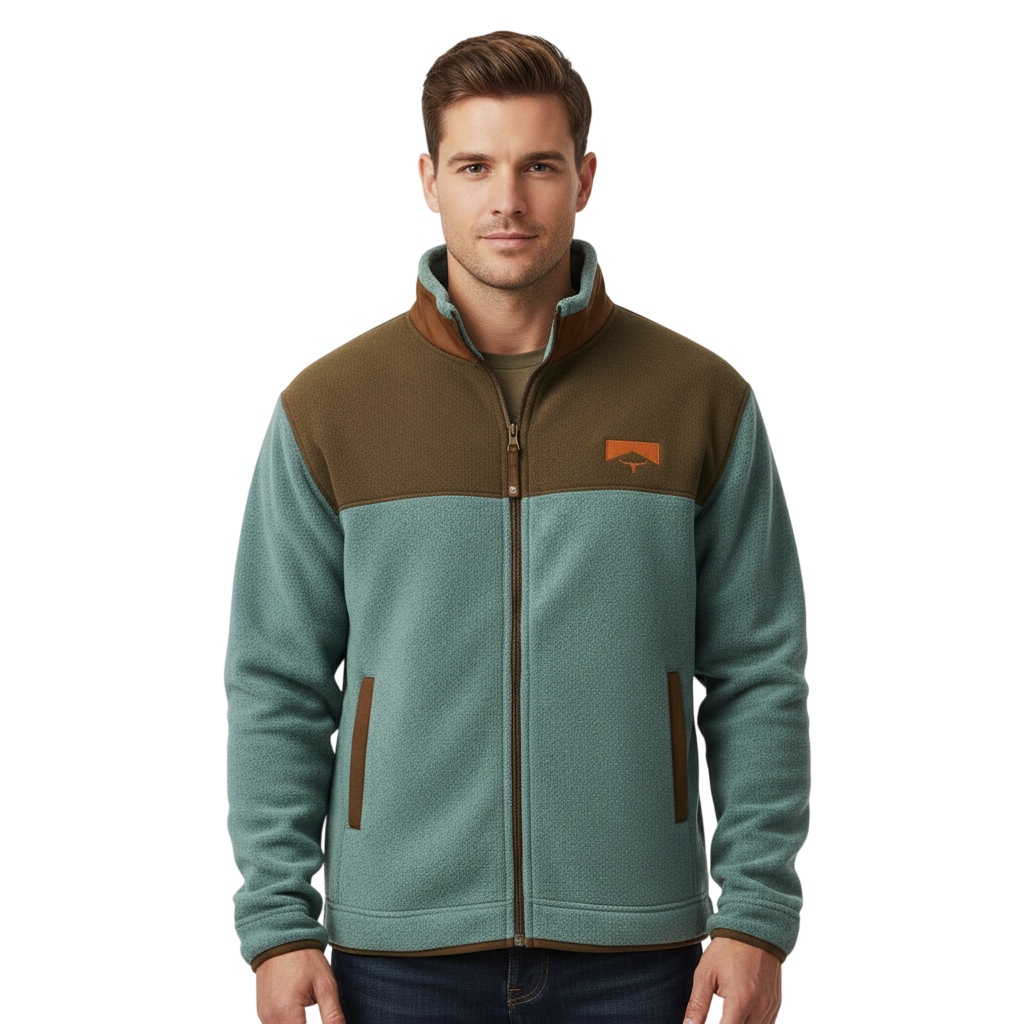 Mężczyzna zwrócony do przodu w turkusowo-brązowej kurtce Arkadya Outlet Kurtka Męska Prosty Krój Lekka Odzież Wierzchnia Z Długim Rękawem, z wysokim kołnierzem, zamkiem z przodu, bocznymi kieszeniami i logo na piersi. Tło jest gładkie i jasne.