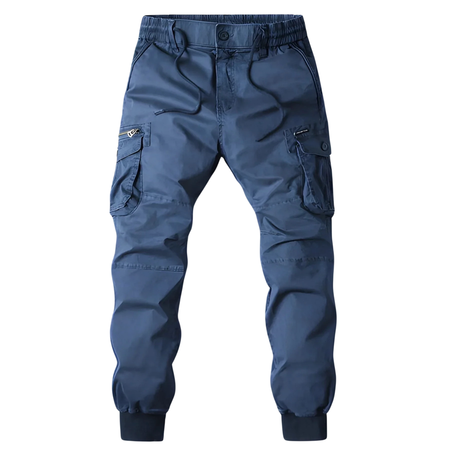 Arkadya Outlet Spodnie Cargo Męskie Kieszenie Na Zamek, z elastycznym pasem i ściągaczami, prezentowane na tle rozmytego miejskiego krajobrazu.