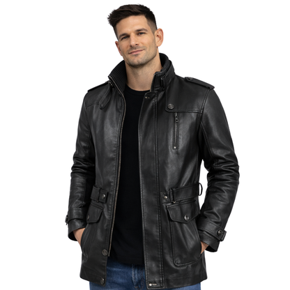 Długa kurtka męska zapięcie na zamek kieszenie stójka przód