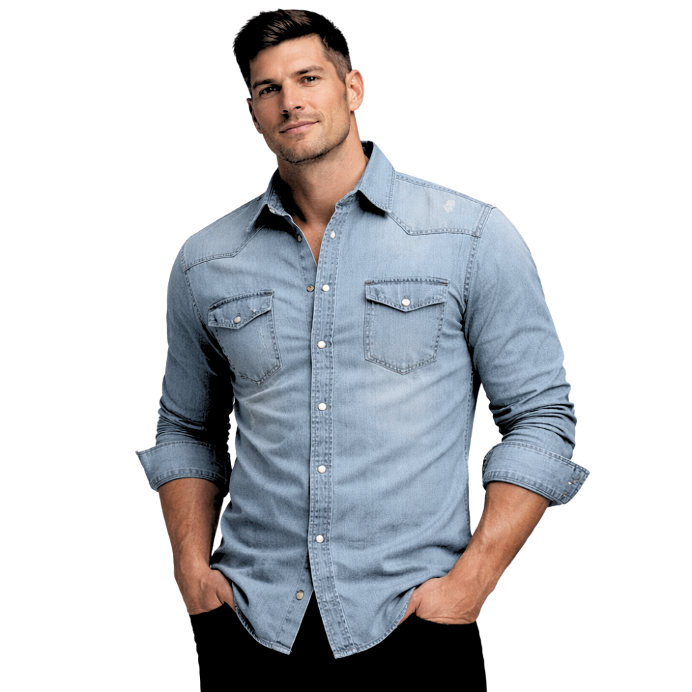 Mężczyzna z krótkimi ciemnymi włosami modeluje Arkadya Outlet Koszula Męska Długi Rękaw Slim Fit Z Kieszeniami Zapinana, podwinięte rękawy i ręce w kieszeniach, na białym tle.