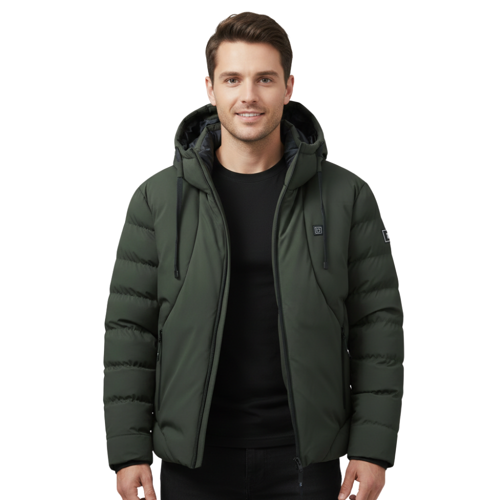 Mężczyzna o krótkich brązowych włosach uśmiecha się i stoi na prostym białym tle, ubrany w Arkadya Outlet Męska kurtka grzewcza zimowa odzież wierzchnia z ociepleniem na czarnej koszuli z opuszczonym kapturem.