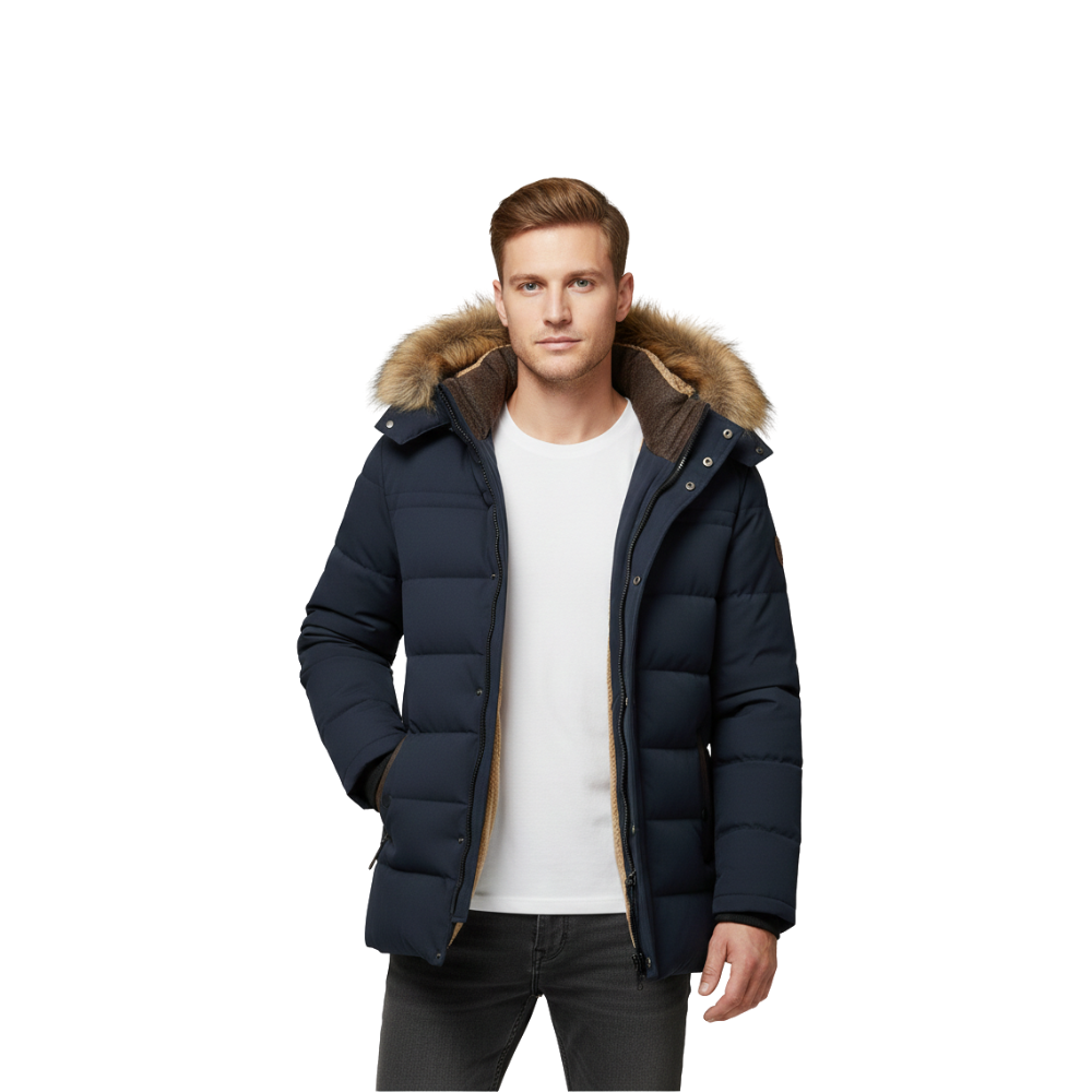 Mężczyzna ubrany w Arkadya Outlet Kurtka parka męska ocieplana zimowa z kapturem na białym t-shircie stoi na białym tle.