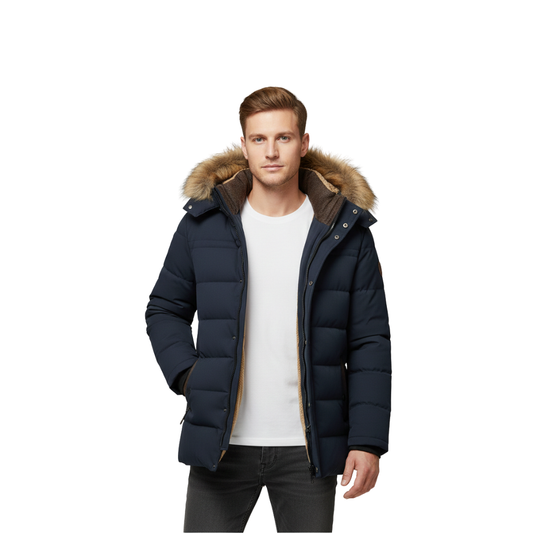 Mężczyzna ubrany w Arkadya Outlet Kurtka parka męska ocieplana zimowa z kapturem na białym t-shircie stoi na białym tle.