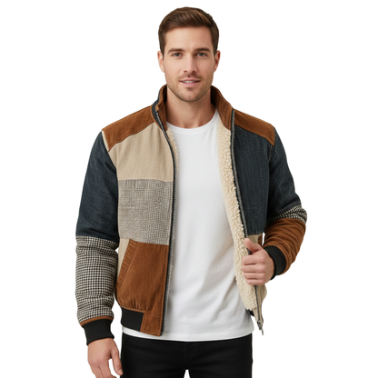 Mężczyzna w kurtce Arkadya Outlet Kurtka Męska Zamek Z Przodu Panelowa Lekka Konstrukcja Ocieplany Fason z dżinsowymi, brązowymi zamszowymi i kraciastymi panelami stoi na białym tle, rozpinając ją, aby odsłonić białą koszulę pod spodem.