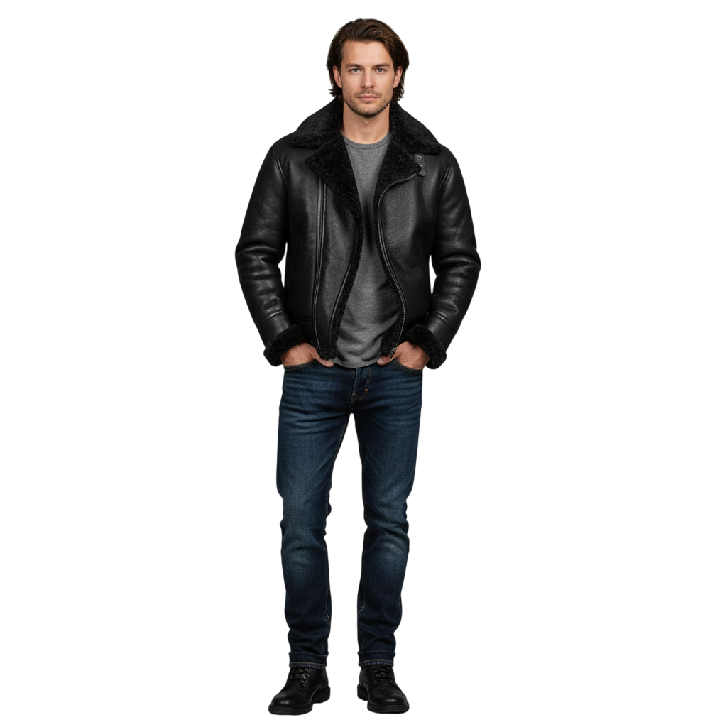 Mężczyzna stoi twarzą do przodu w Arkadya Outlet Kurtka zimowa męska długi krój prosty przód konstrukcyjna forma, z kołnierzem ze sztucznego futra, szarym t-shirtem, niebieskimi dżinsami i czarnymi butami - idealnymi do noszenia na co dzień - na jednolitym szarym tle.