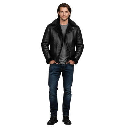 Mężczyzna stoi twarzą do przodu w Arkadya Outlet Kurtka zimowa męska długi krój prosty przód konstrukcyjna forma, z kołnierzem ze sztucznego futra, szarym t-shirtem, niebieskimi dżinsami i czarnymi butami - idealnymi do noszenia na co dzień - na jednolitym szarym tle.