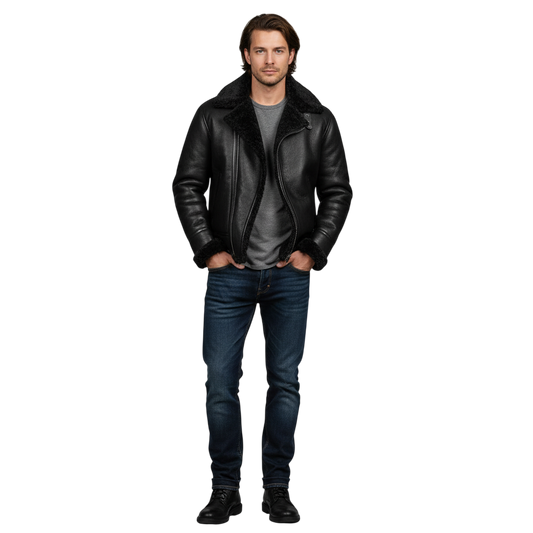 Mężczyzna stoi twarzą do przodu w Arkadya Outlet Kurtka zimowa męska długi krój prosty przód konstrukcyjna forma, z kołnierzem ze sztucznego futra, szarym t-shirtem, niebieskimi dżinsami i czarnymi butami - idealnymi do noszenia na co dzień - na jednolitym szarym tle.